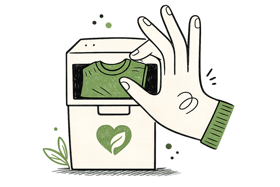 Illustration of a hand placing a shirt into a Green Machine donation bin